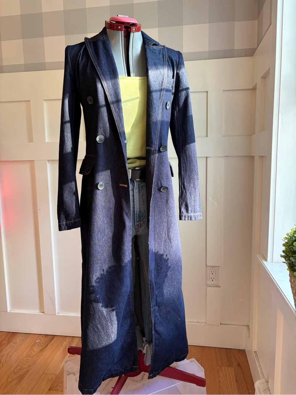 Avec Les Filles Dark Navy Long Denim Trench Coat with Button Front XS - Picture 9 of 11